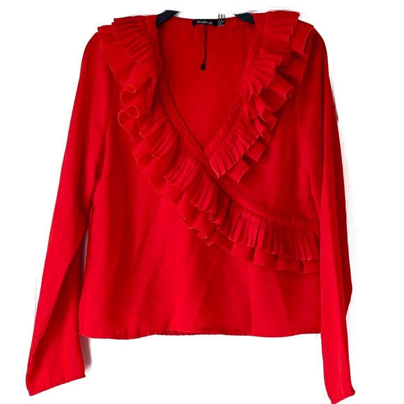 Boohoo Red Ruffle V-Neck Long Sleeve Top Size 6 - Picture 1 of 4